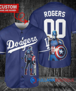 Los Angeles Dodgers x Marvel Captain America Steve Rogers with Trophy Custom Baseball Jersey Navy