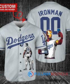 Los Angeles Dodgers x Marvel Iron Man Tony Stark with Trophy Custom Baseball Jersey Gray