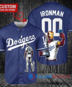 Los Angeles Dodgers x Marvel Iron Man Tony Stark with Trophy Custom Baseball Jersey Navy