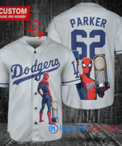 Los Angeles Dodgers x Marvel Spiderman with Trophy Custom Baseball Jersey Gray