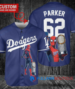 Los Angeles Dodgers x Marvel Spiderman with Trophy Custom Baseball Jersey Navy