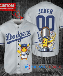 Los Angeles Dodgers x Pikachu Pokemon with Trophy Custom Baseball Jersey Gray