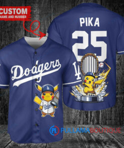 Los Angeles Dodgers x Pikachu Pokemon with Trophy Custom Baseball Jersey Navy