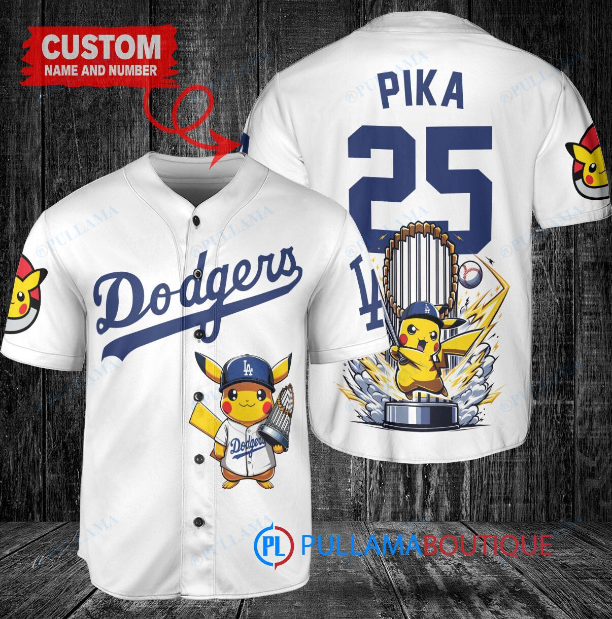 Los Angeles Dodgers x Pikachu Pokemon with Trophy Custom Baseball Jersey Navy