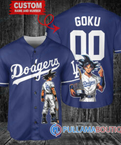 Los Angeles Dodgers x Son Goku Kakarot Super Saiyan Dragon Ball Z with Trophy Baseball Jersey Navy V2