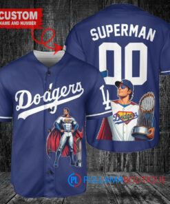 Los Angeles Dodgers x Superman DC Comics with Trophy Custom Baseball Jersey Navy