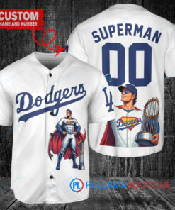 Los Angeles Dodgers x Superman DC Comics with Trophy Custom Baseball Jersey White