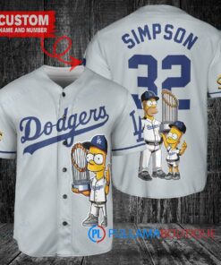 Los Angeles Dodgers x The Simpsons Bart Simpson, Homer Simpson, Lisa Simpson with Trophy Custom Baseball Jersey Gray