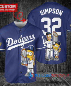 Los Angeles Dodgers x The Simpsons Bart Simpson, Homer Simpson, Lisa Simpson with Trophy Custom Baseball Jersey Navy