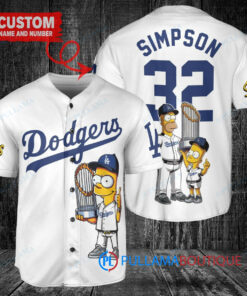 Los Angeles Dodgers x The Simpsons Bart Simpson, Homer Simpson, Lisa Simpson with Trophy Custom Baseball Jersey White