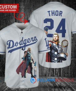 Los Angeles Dodgers x Thor Marvel with Trophy Custom Baseball Jersey Gray