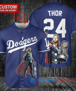 Los Angeles Dodgers x Thor Marvel with Trophy Custom Baseball Jersey Navy