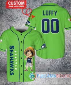 Luffy One Piece Seattle Seahawks Custom Baseball Jersey Kelly Green