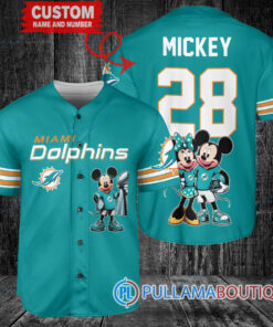 Miami Dolphins x Mickey and Minnie with Trophy Custom Baseball Jersey Aqua