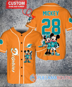 Miami Dolphins x Mickey and Minnie with Trophy Custom Baseball Jersey Orange