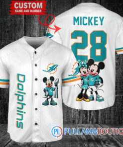 Miami Dolphins x Mickey and Minnie with Trophy Custom Baseball Jersey White