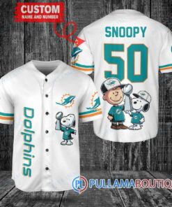 Miami Dolphins x Snoopy and Charlie Brown with Trophy Custom Baseball Jersey White