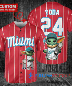 Miami Marlins Baby Yoda Star Wars Mandalorian Trophy Baseball Jersey Red