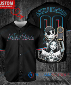 Miami Marlins Jack Skellington Sally World Series Trophy Baseball Jersey Black