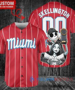 Miami Marlins Jack Skellington Sally World Series Trophy Baseball Jersey Red