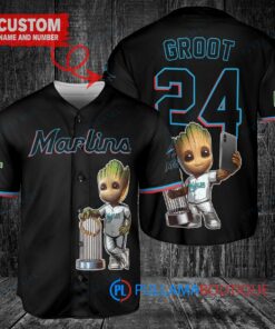 Miami Marlins x Baby Groot Marvel Guardians Of The Galaxy with Trophy Custom Baseball Jersey Black