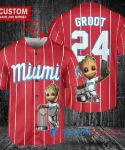 Miami Marlins x Baby Groot Marvel Guardians Of The Galaxy with Trophy Custom Baseball Jersey Red