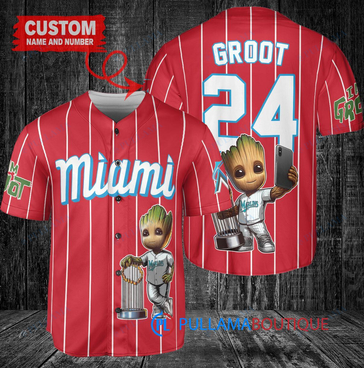 Miami Marlins x Baby Groot Marvel Guardians Of The Galaxy with Trophy Custom Baseball Jersey White