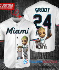 Miami Marlins x Baby Groot Marvel Guardians Of The Galaxy with Trophy Custom Baseball Jersey White