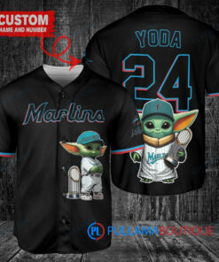 Miami Marlins x Baby Yoda Star Wars The Mandalorian with Trophy Custom Baseball Jersey Black