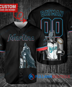 Miami Marlins x DC Comics Batman The Dark Knight with Trophy Custom Baseball Jersey Black