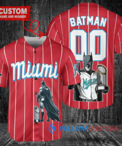 Miami Marlins x DC Comics Batman The Dark Knight with Trophy Custom Baseball Jersey Red