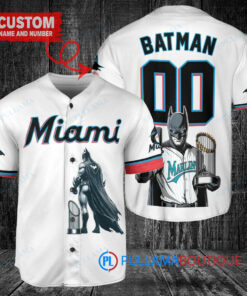 Miami Marlins x DC Comics Batman The Dark Knight with Trophy Custom Baseball Jersey White