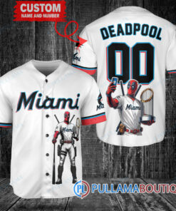 Miami Marlins x Deadpool with Trophy Baseball Jersey White