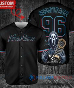 Miami Marlins x Ghostface Scream Halloween Halloween with World Series Trophy Custom Baseball Jersey Black