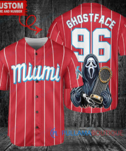 Miami Marlins x Ghostface Scream Halloween Halloween with World Series Trophy Custom Baseball Jersey Red