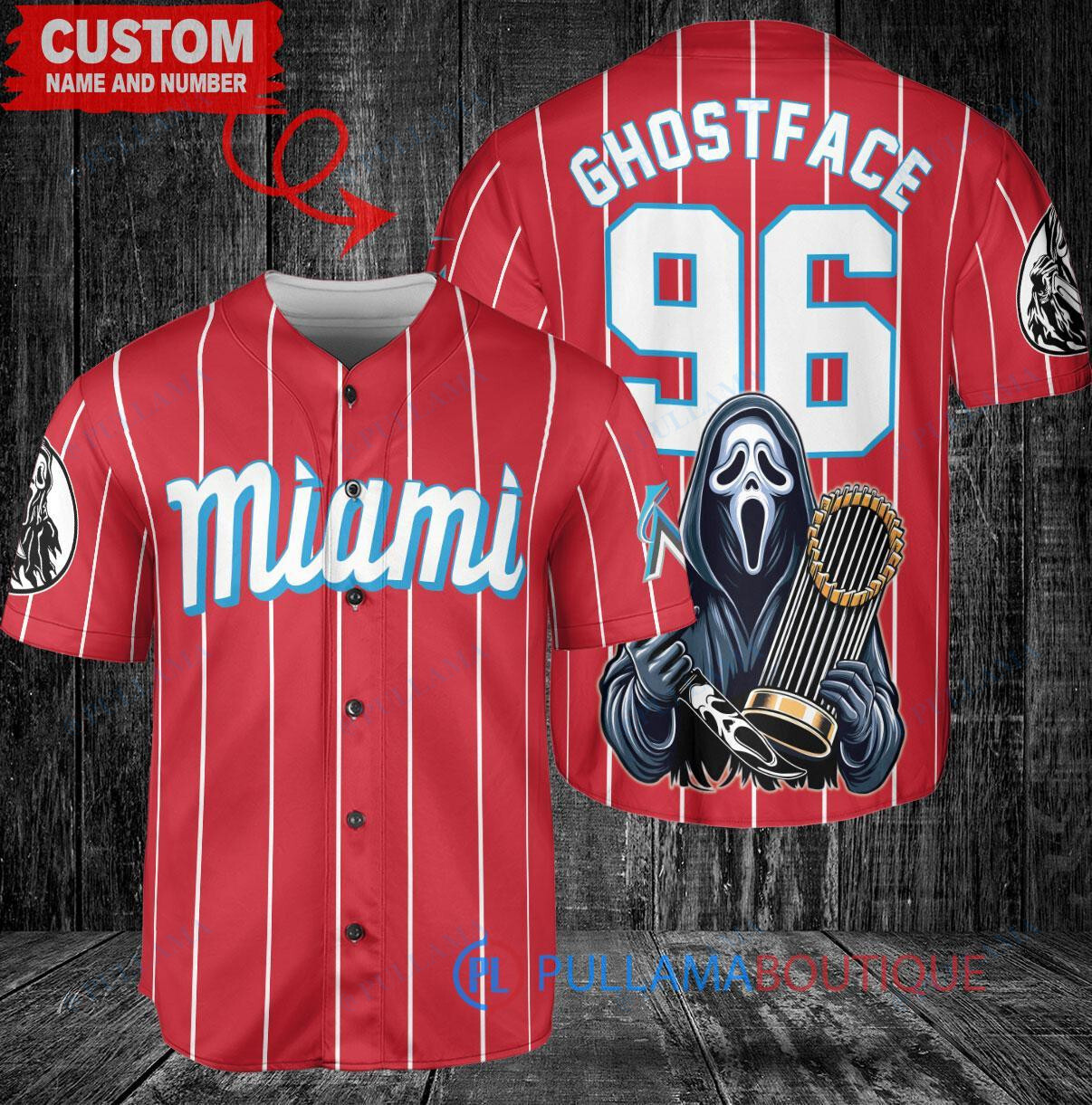 Miami Marlins x Ghostface Scream Halloween Halloween with World Series Trophy Custom Baseball Jersey Black