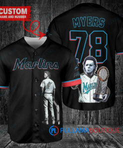 Miami Marlins x Halloween Michael Myers with Trophy Custom Baseball Jersey Black