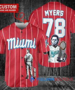 Miami Marlins x Halloween Michael Myers with Trophy Custom Baseball Jersey Red