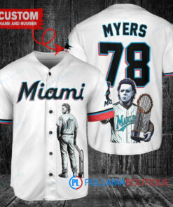 Miami Marlins x Halloween Michael Myers with Trophy Custom Baseball Jersey White