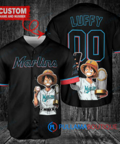 Miami Marlins x Luffy One Piece with Trophy Custom Baseball Jersey Black