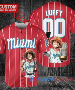 Miami Marlins x Luffy One Piece with Trophy Custom Baseball Jersey Red