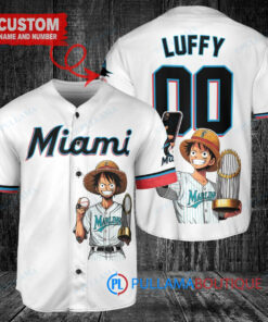 Miami Marlins x Luffy One Piece with Trophy Custom Baseball Jersey White