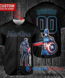 Miami Marlins x Marvel Captain America Steve Rogers with Trophy Custom Baseball Jersey Black