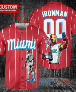 Miami Marlins x Marvel Iron Man Tony Stark with Trophy Custom Baseball Jersey Red