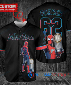 Miami Marlins x Marvel Spiderman with Trophy Custom Baseball Jersey Black