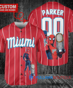 Miami Marlins x Marvel Spiderman with Trophy Custom Baseball Jersey Red