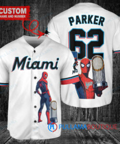 Miami Marlins x Marvel Spiderman with Trophy Custom Baseball Jersey White