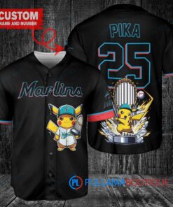 Miami Marlins x Pikachu Pokemon with Trophy Custom Baseball Jersey Black