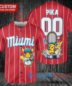 Miami Marlins x Pikachu Pokemon with Trophy Custom Baseball Jersey Red