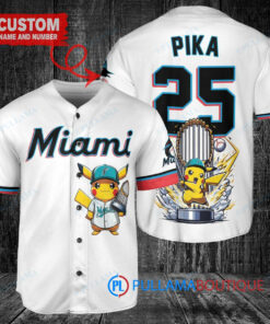 Miami Marlins x Pikachu Pokemon with Trophy Custom Baseball Jersey White